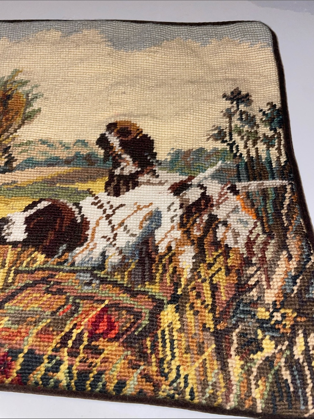 Needlepoint Hunting Scene Pillow Cover — Dogs in Field, Tan & Brown - Picture 2 of 9